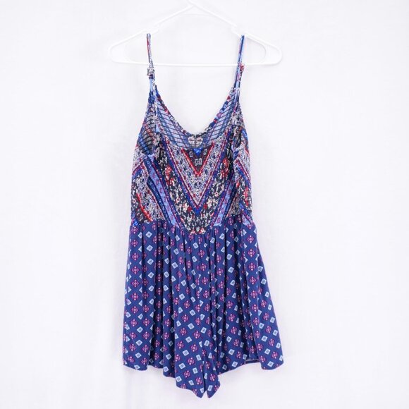 Xhilaration Spaghetti Strap Blue Red Floral Romper Large Lined Ruffle Top - Picture 4 of 6